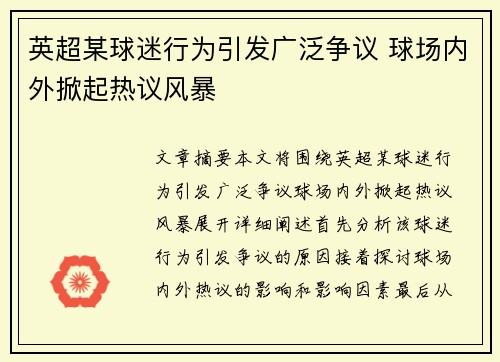 英超某球迷行为引发广泛争议 球场内外掀起热议风暴 英超某球迷行为引发广泛争议 球场内外掀起热议风暴